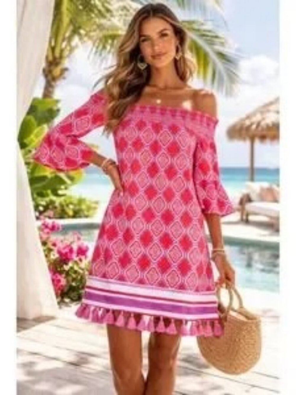 Cabana Life Pink Off-Shoulder Mini Dress with Tassel Hem